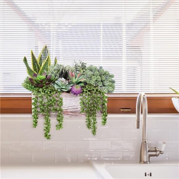 14 Pcs Assorted Artificial Succulents Fake Plants in Rectangular Wooden Pots - Picture 4 of 6